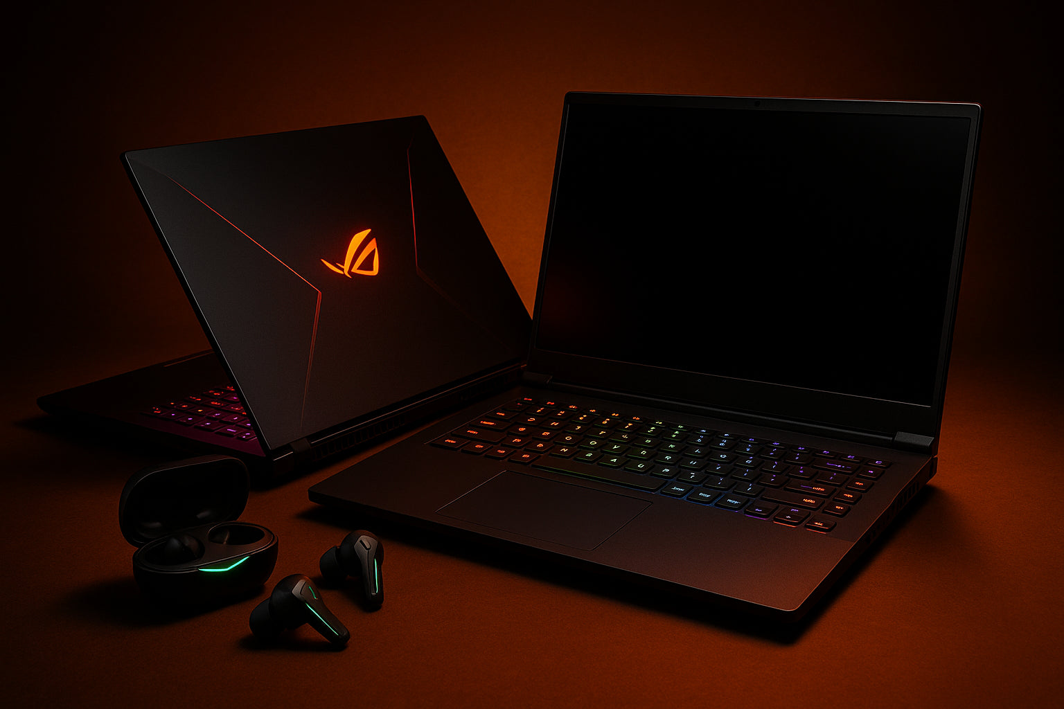  dark orangish background and cool gaming laptops and earbuds  