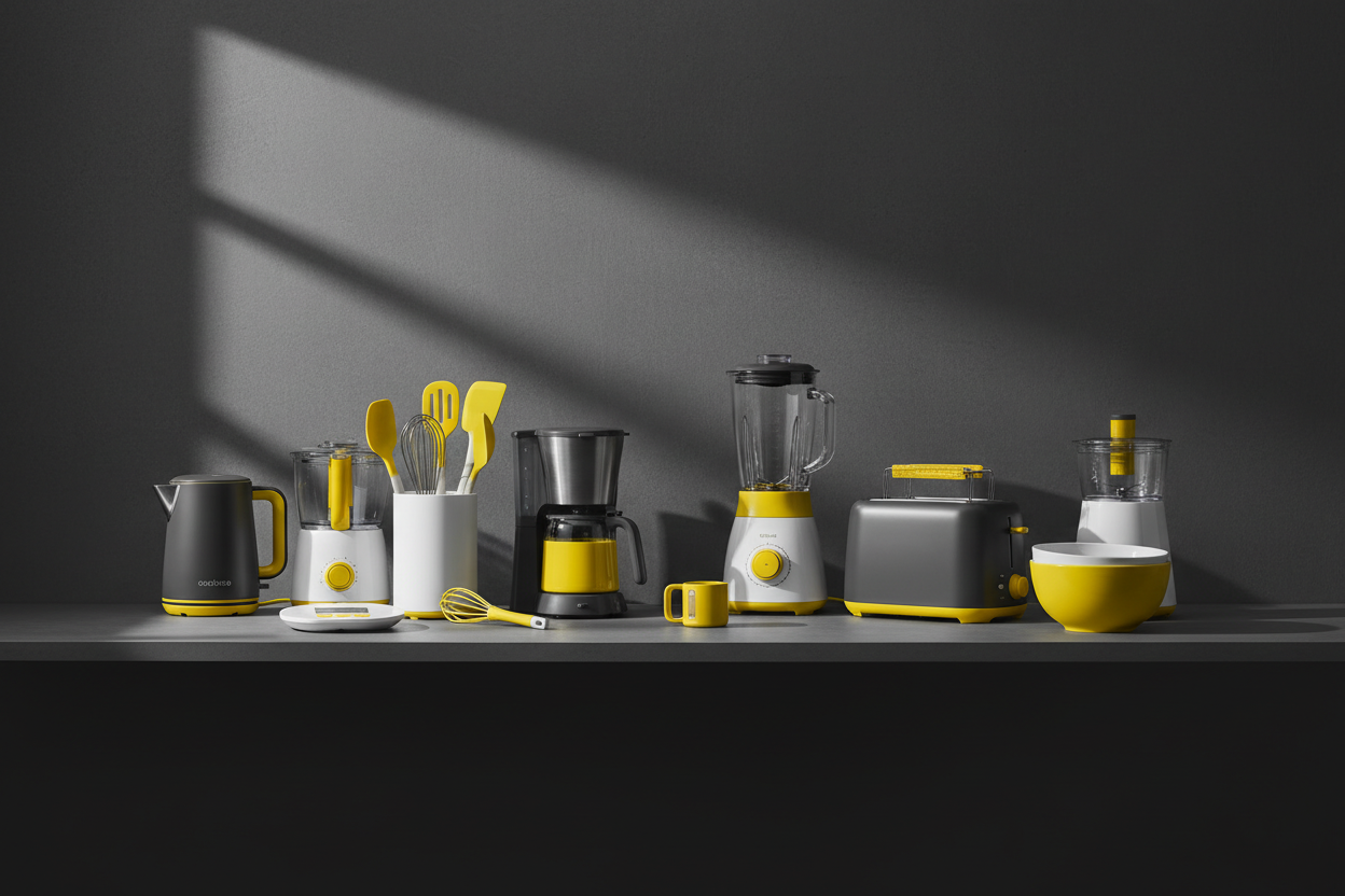 home appliances and kitchen gadgets yellow dark greay and white contrast