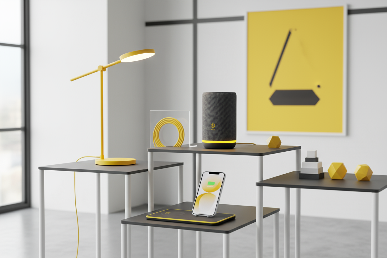 home decor electronic products yellow dark grey and white contrast