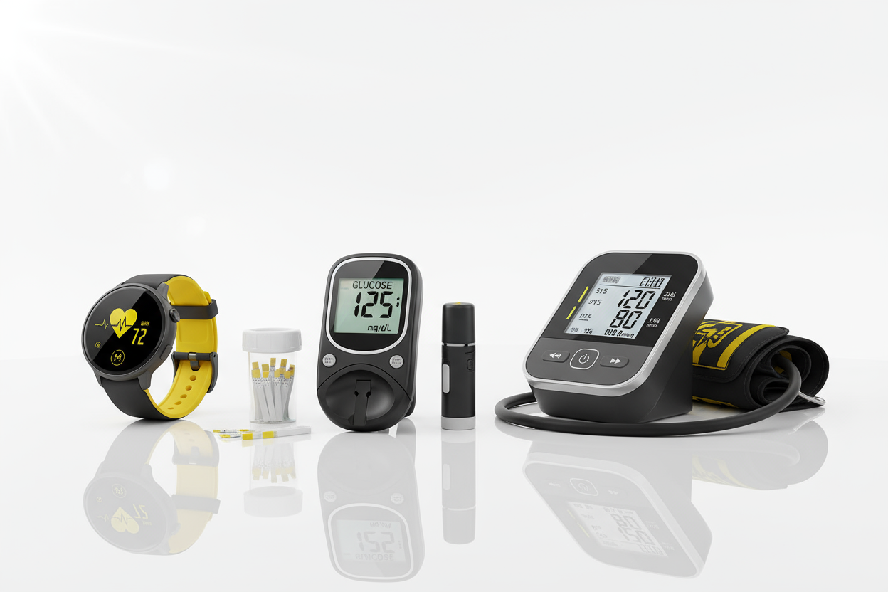 image of diabetes machine, fitness tracker, blood pressure machine yellow dark grey and white contrast