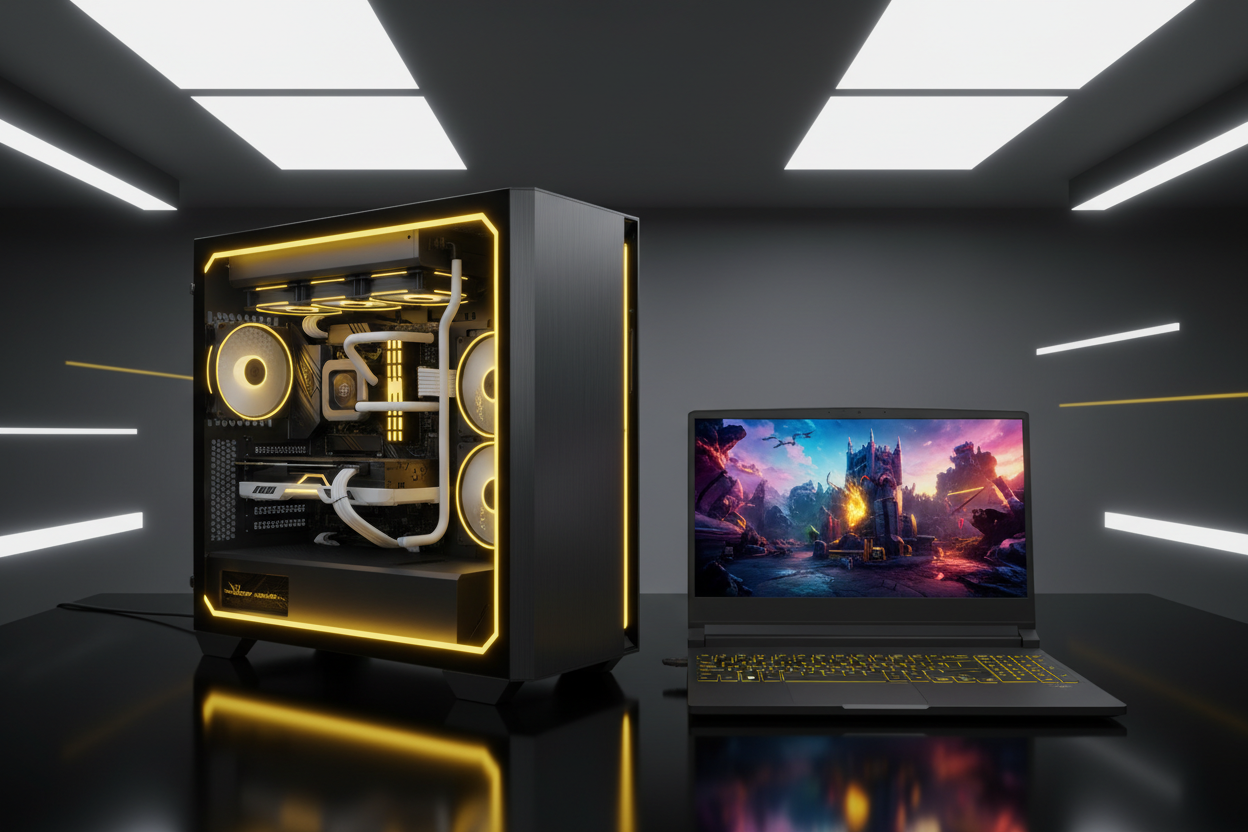image of Gaming PC and Gaming Laptop yellow dark grey and white contrast