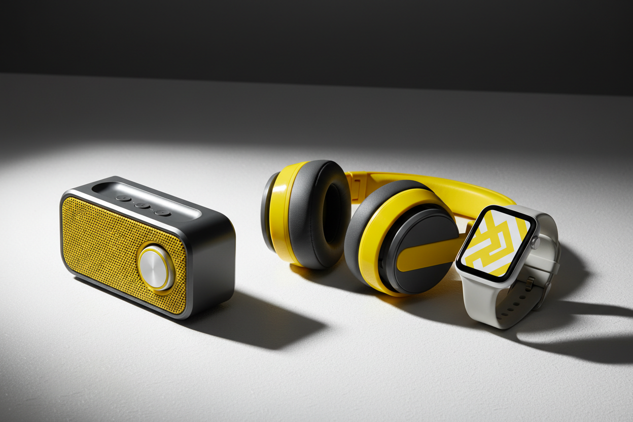 image of headphone, smart watch and audio yellow dark grey and white contrast