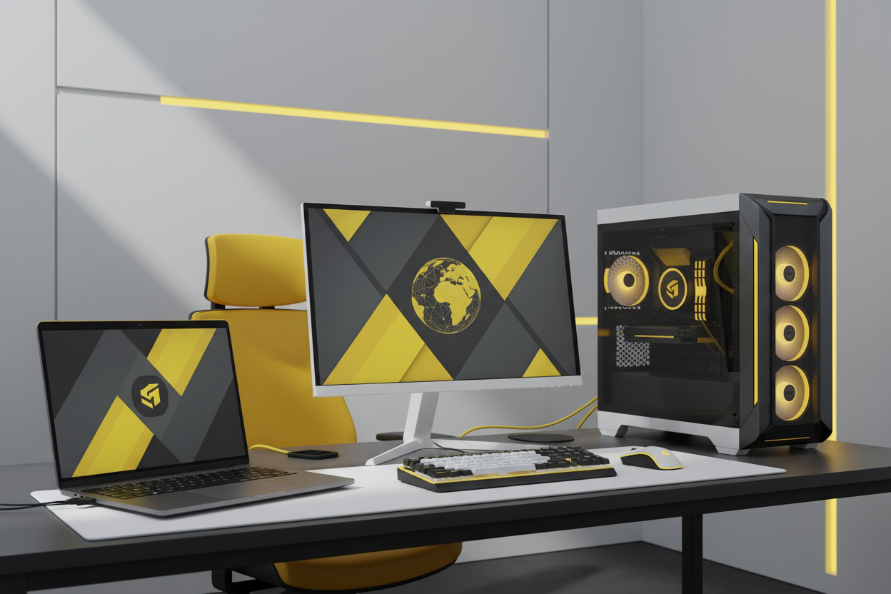 image of Laptop and PC yellow dark grey and white contrast