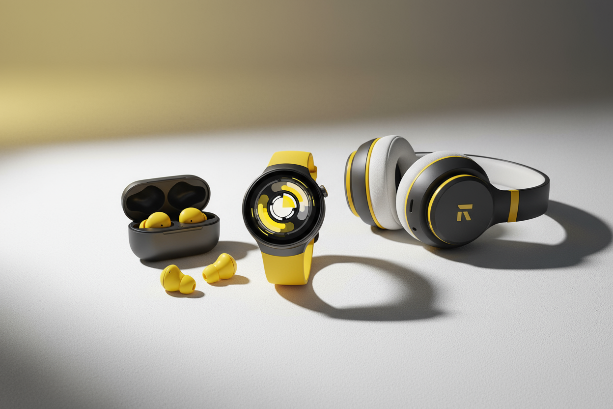 image of smart watch, earbuds, headphones yellow dark grey and white contrast