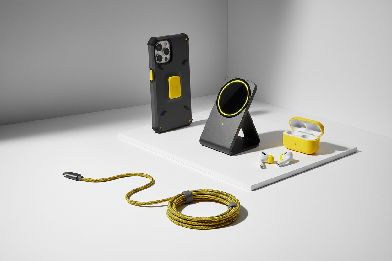 phone Accessories yellow dark grey and white contrast